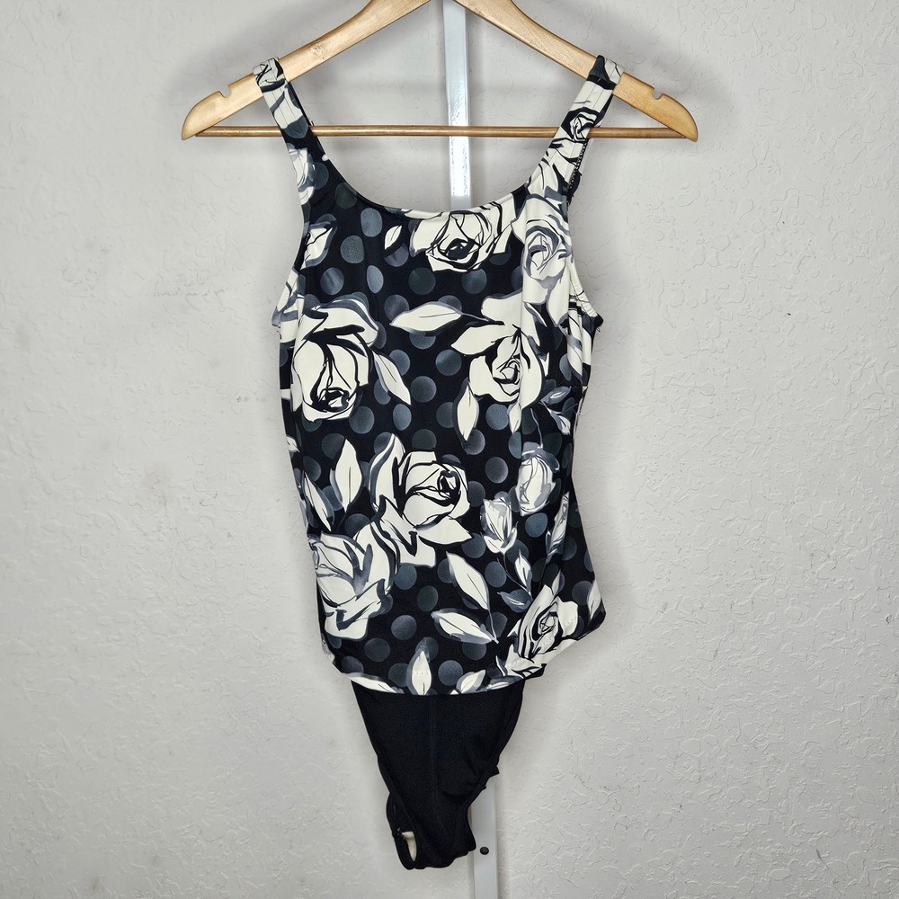 Maxine of Hollywood Womens Floral Polka Dot One Piece Swimsuit Black White 12